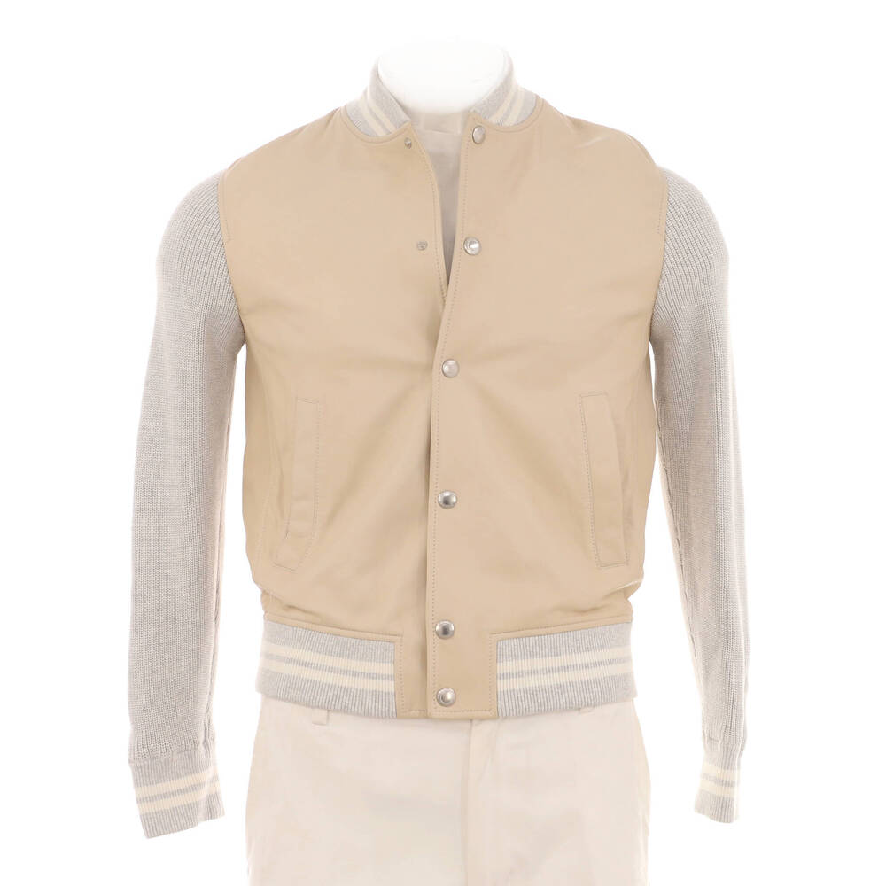Brunello Cucinelli Men's Button Up Collarless Jacket Leather and Cotton